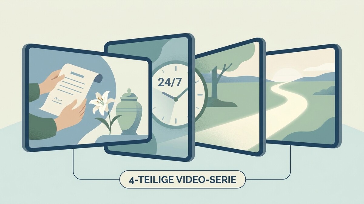 4-teilige Video-Serie mit Urne, Lilie, Uhr und Landschaft