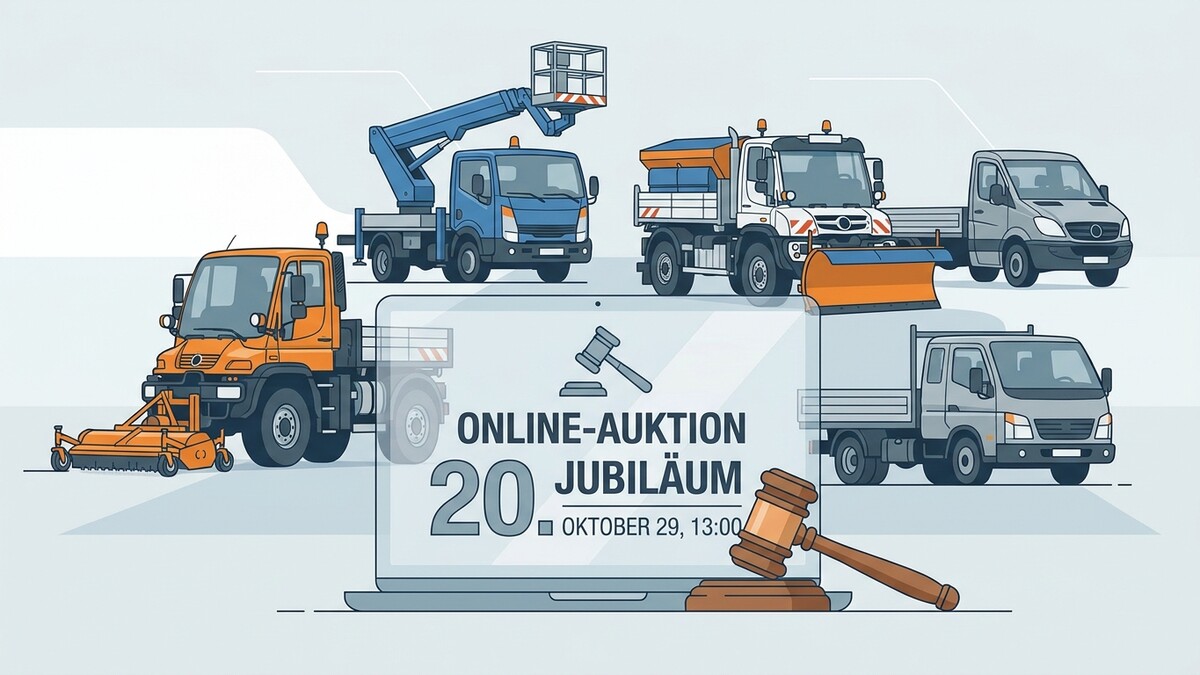 Online-Auktion Jubiläum am 29. Oktober mit verschiedenen Nutzfahrzeugen wie Schneepflug und Hubsteiger.