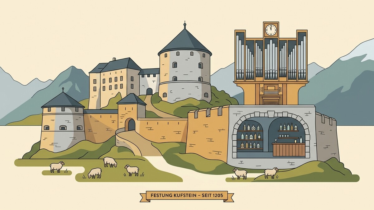 Festung Kufstein mit Orgel und Bergkulisse, Schafe auf der Wiese