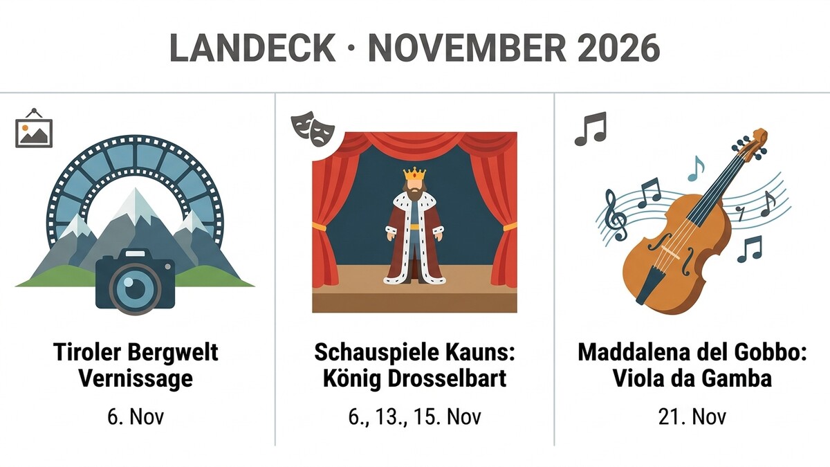 Landeck November 2026: Tiroler Bergwelt Vernissage, Schauspiel Kauns, Viola da Gamba