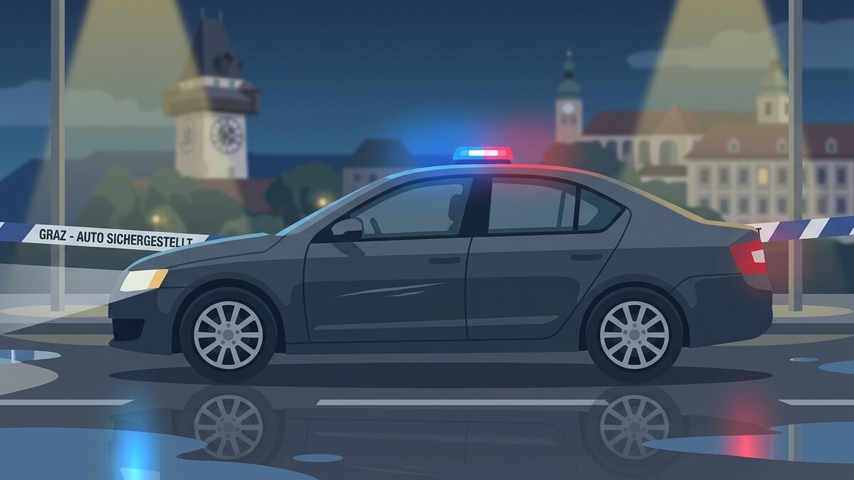 Polizeiauto mit Blaulicht sichert Tatort in Graz mit Uhrturm im Hintergrund