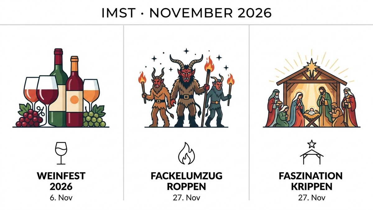 Imst November 2026: Wein, Fackelumzug und Krippen sind zu sehen.