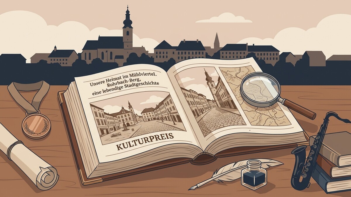 Kulturpreis-Buch mit Stadtansichten von Rohrbach-Berg im Mühlviertel, Medaille, Lupe