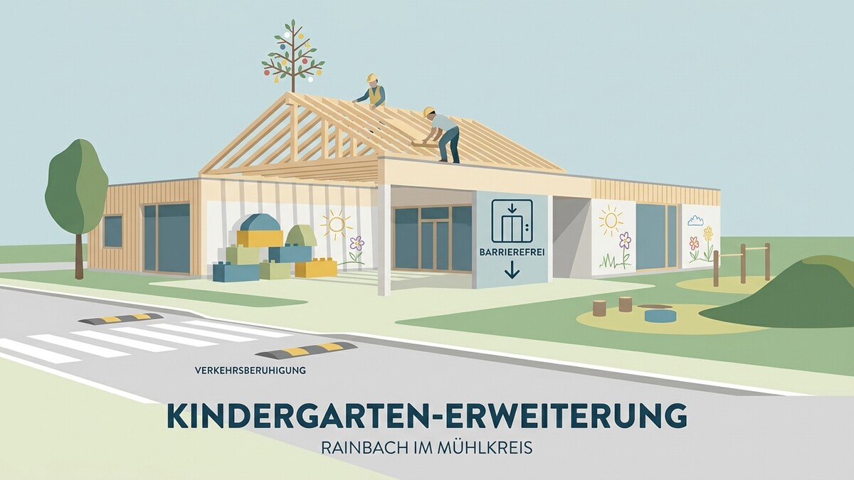 Kindergarten-Erweiterung in Rainbach im Mühlkreis im Bau mit Arbeitern am Dach