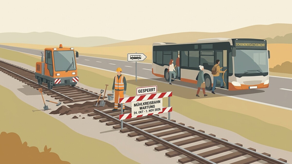 Mühlkreisbahn Wartung: Schienenersatzverkehr mit Bus, Baustelle und Bauarbeiter