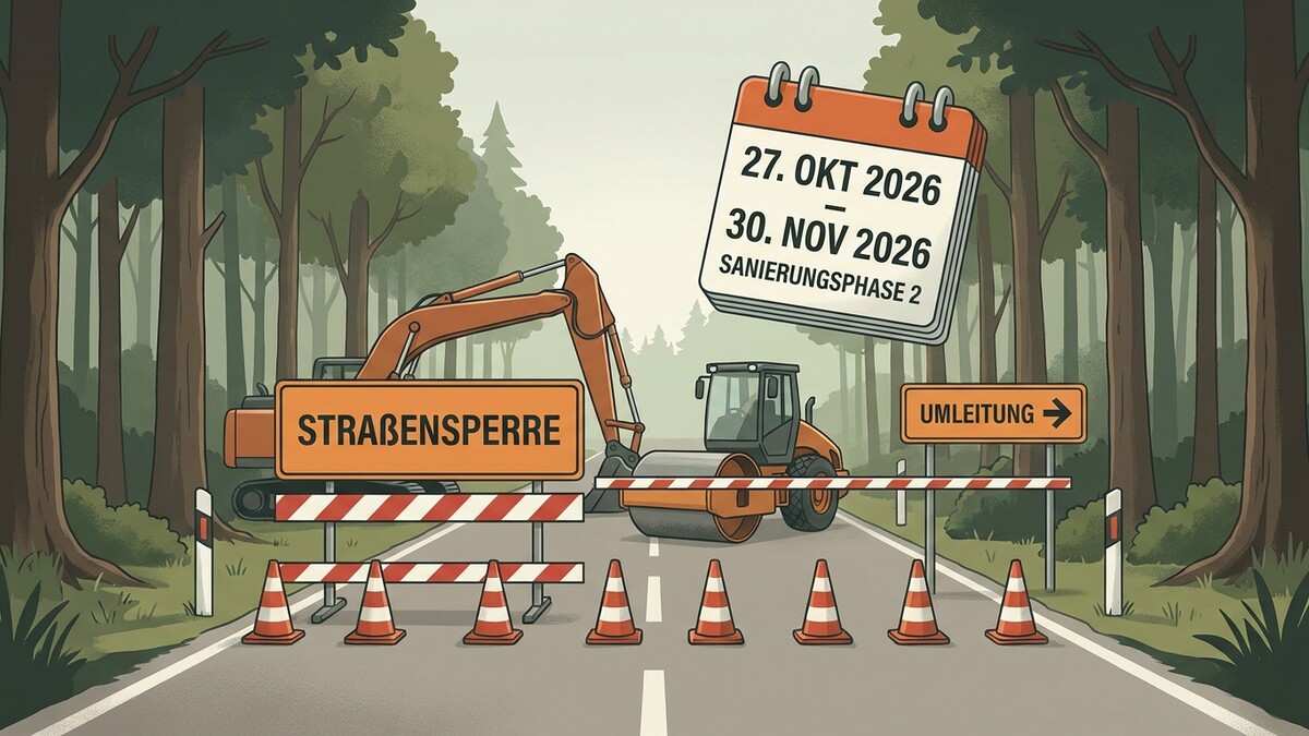 Straßensperre mit Bagger, Walze und Kalender: Sanierungsphase 2 von 27. Okt. bis 30. Nov. 2026