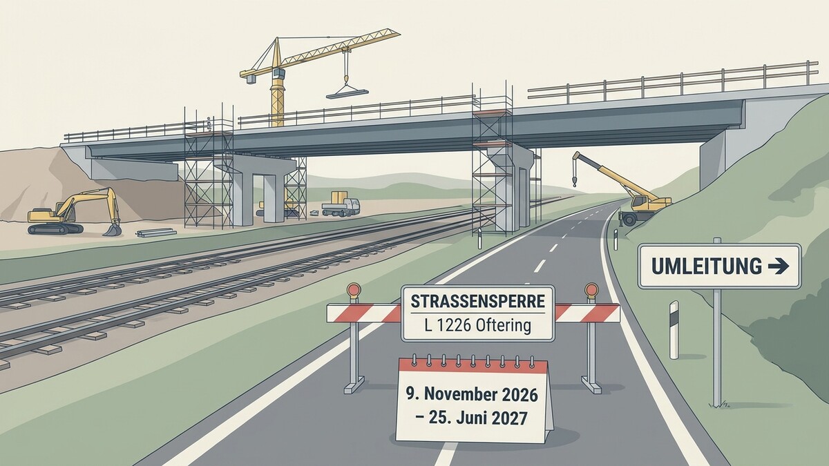 Straßensperre L 1226 Ofering mit Umleitung und Bauarbeiten an einer Brücke über Bahngleisen.
