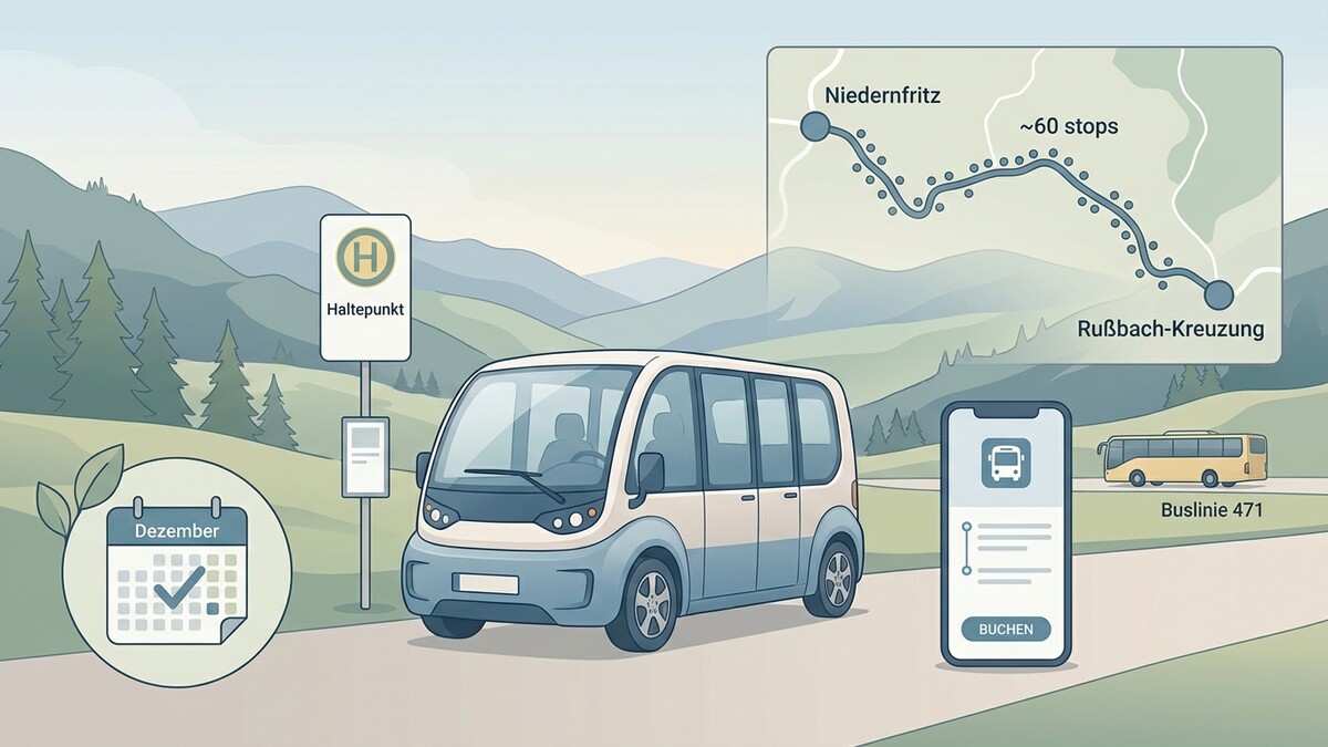 Buslinie 471: Kleinbus bei Haltepunkt mit Fahrplan und Routenkarte von Niederfritz nach Rußbach-Kreuzung.