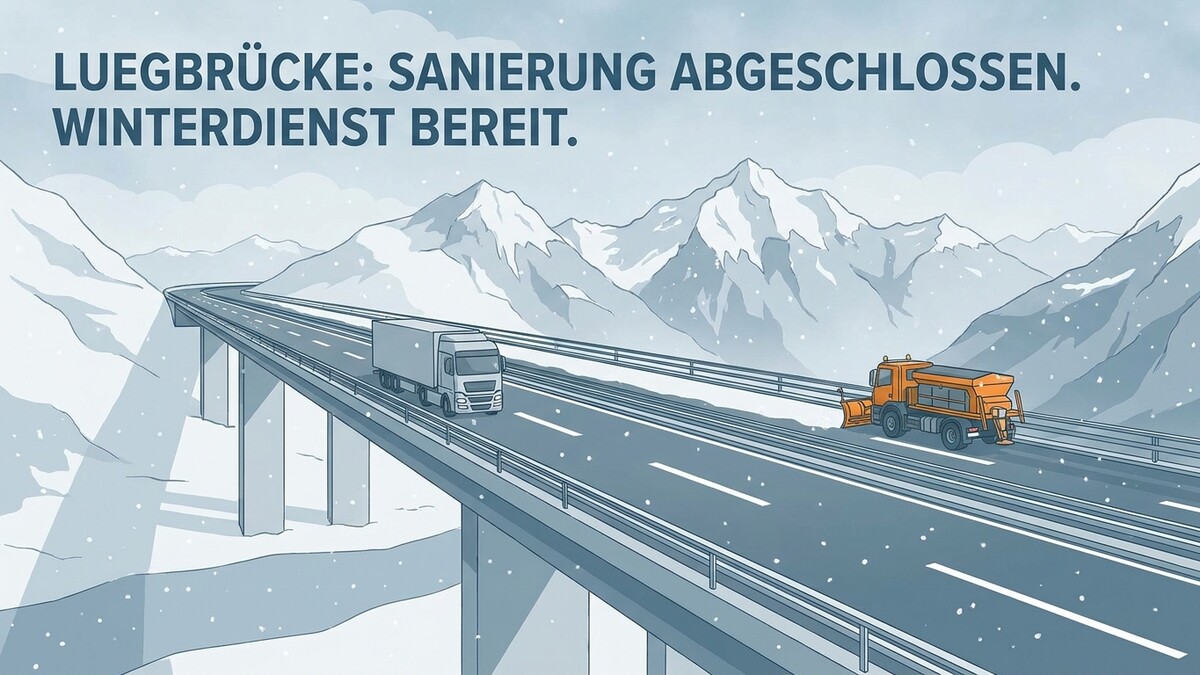 Lügbrücke: LKW und Schneepflug auf saniertem Abschnitt im Winter