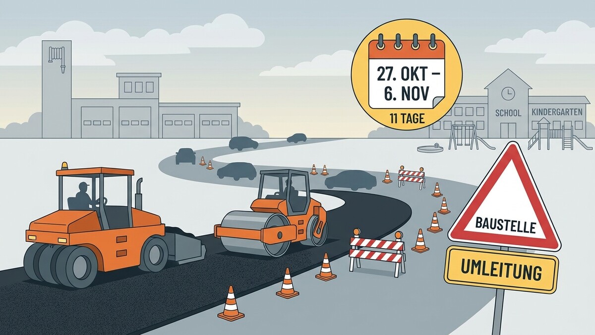 Straßenbauarbeiten bei Schule und Kindergarten mit Umleitung und Kalenderanzeige 27. Okt. – 6. Nov.
