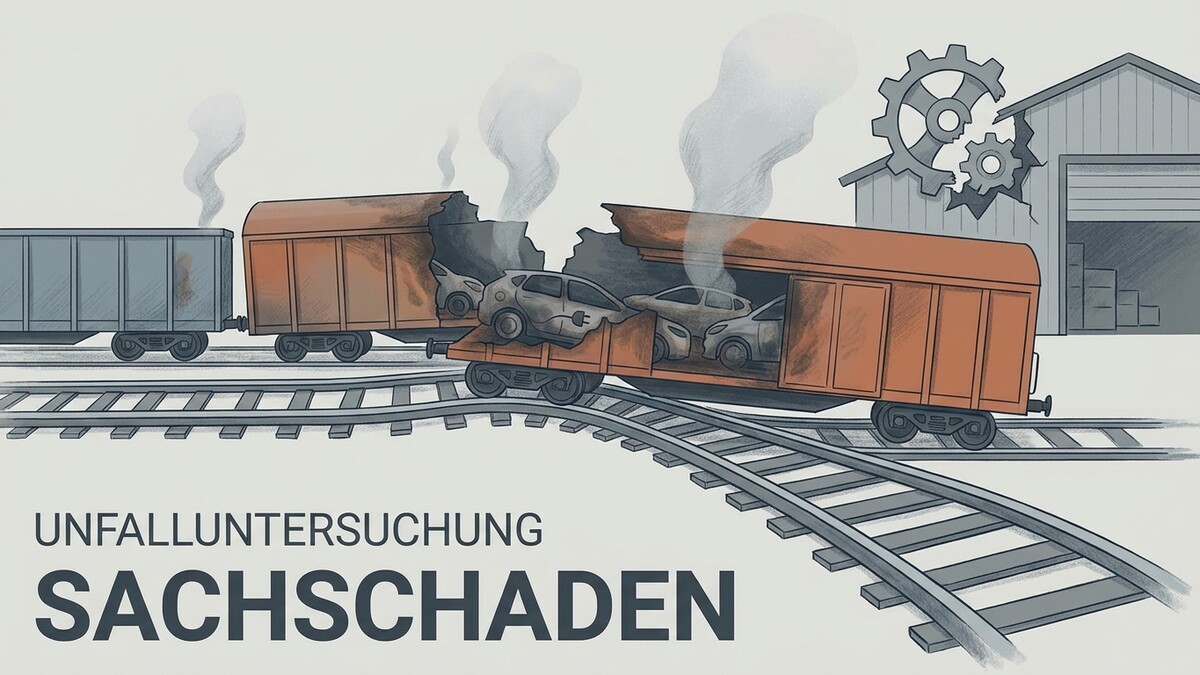 Sachschaden: Unfalluntersuchung mit beschädigten Waggons und Autos auf Bahngleisen.