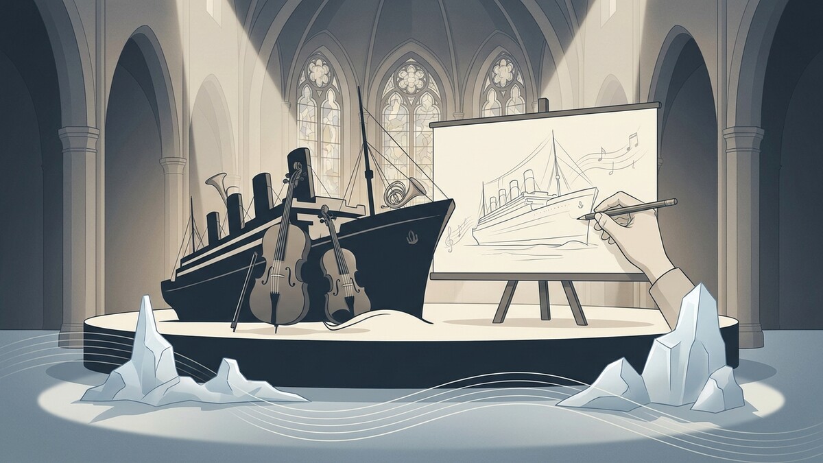 Titanic-Modell mit Geigen und Horn vor gezeichnetem Schiff auf Staffelei in Kirche