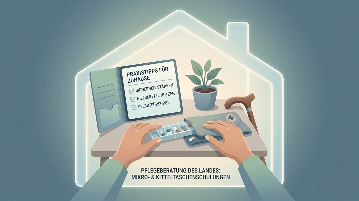 Pflegeberatung: Haus-Tipps, Medikamentendose, Gehhilfe und Pflanze vor Hausumriss