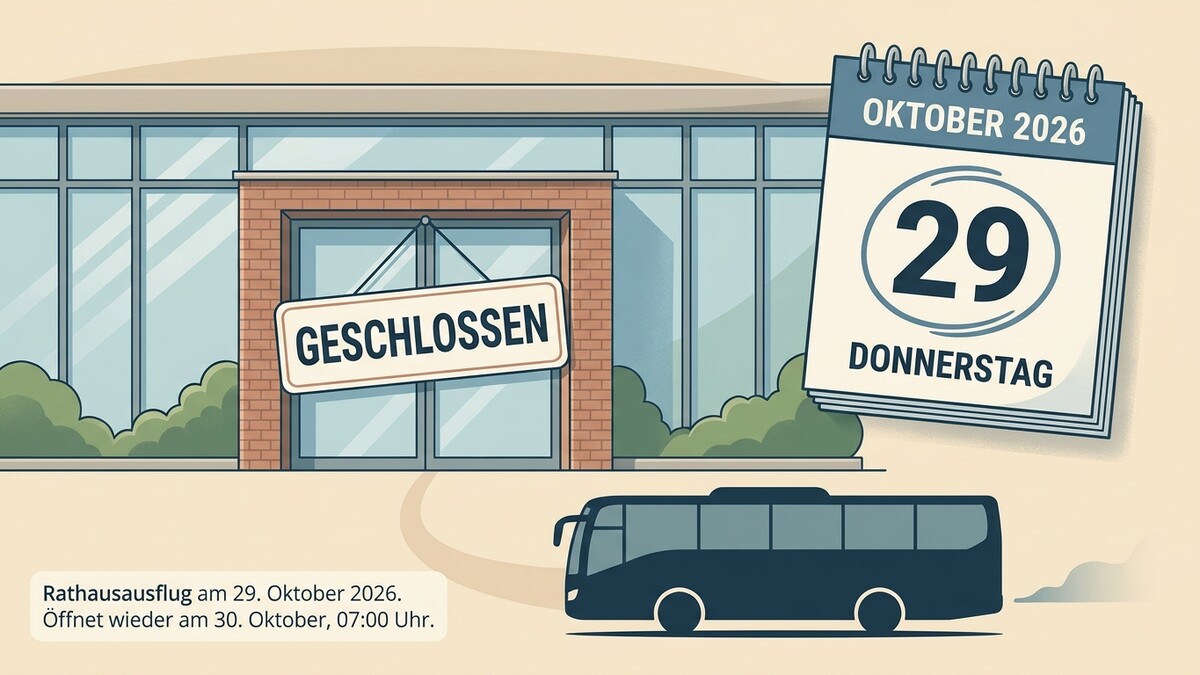 Rathausausflug am 29. Oktober 2026, geschlossen: Kalenderblatt zeigt Donnerstag, 29. Oktober 2026, Bus wartet.