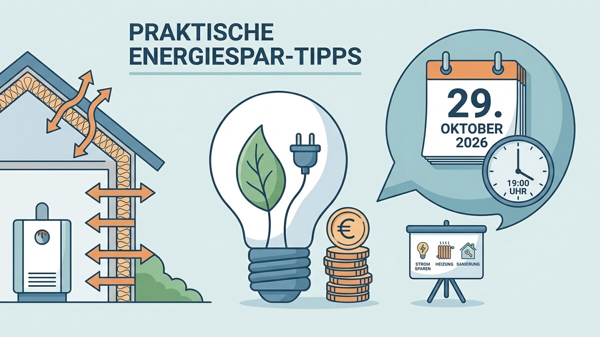 Energiespartipps: Hausdämmung, Glühbirne mit Blatt, Geldmünzen, Kalender und Uhr, Präsentation