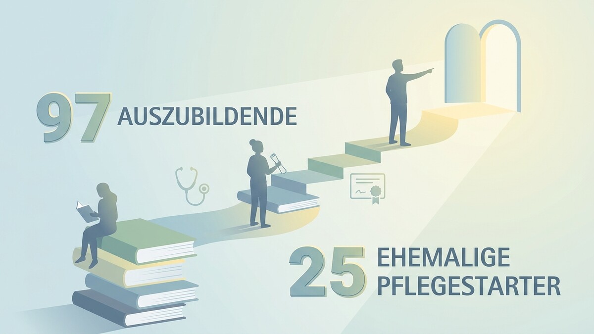 97 Auszubildende und 25 ehemalige Pflegestarter auf Stufen zum Licht