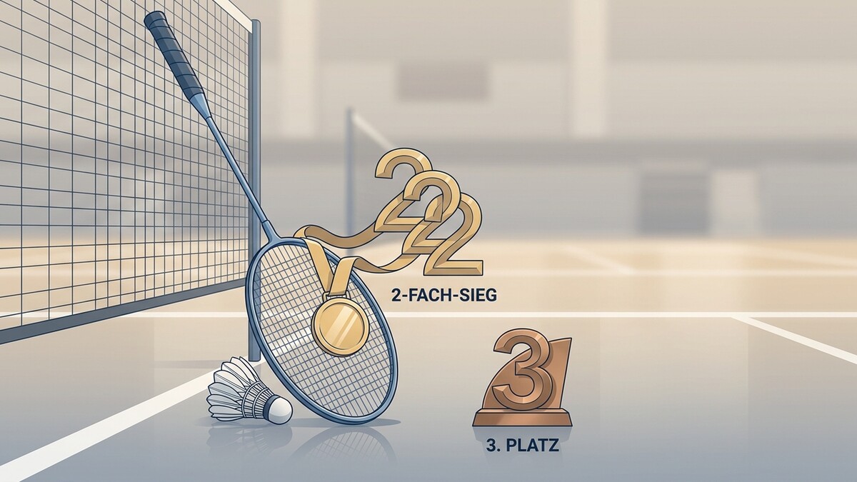 Badminton-Schläger mit Medaille und Federball, 2-fach-Sieg 2022 und 3. Platz in Halle
