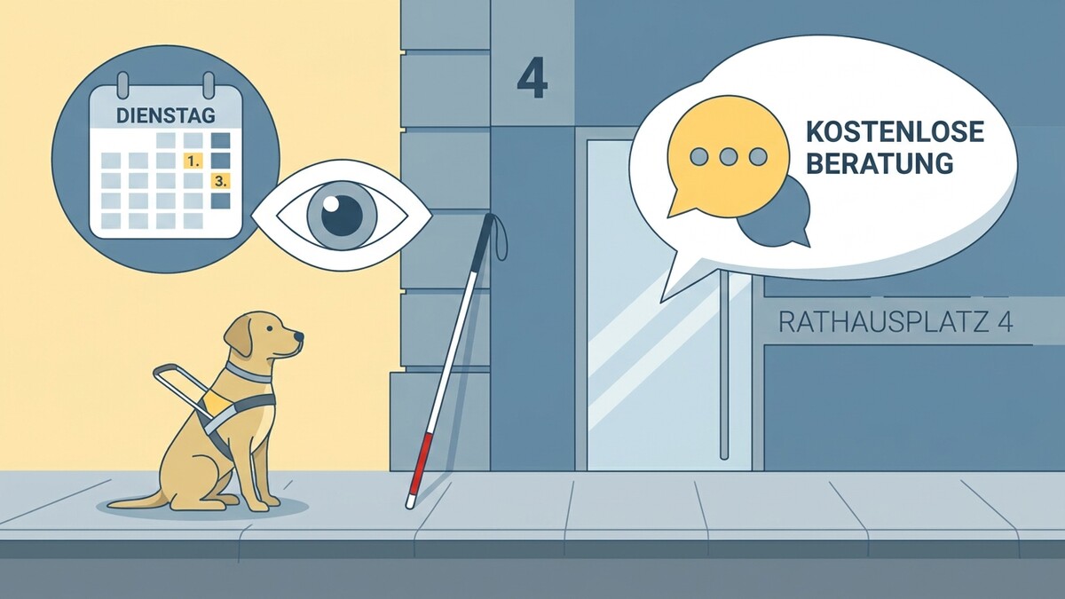 Hunde, Kalender, Auge und Blindenstock vor Hausnummer Rathausplatz 4 mit kostenloser Beratung