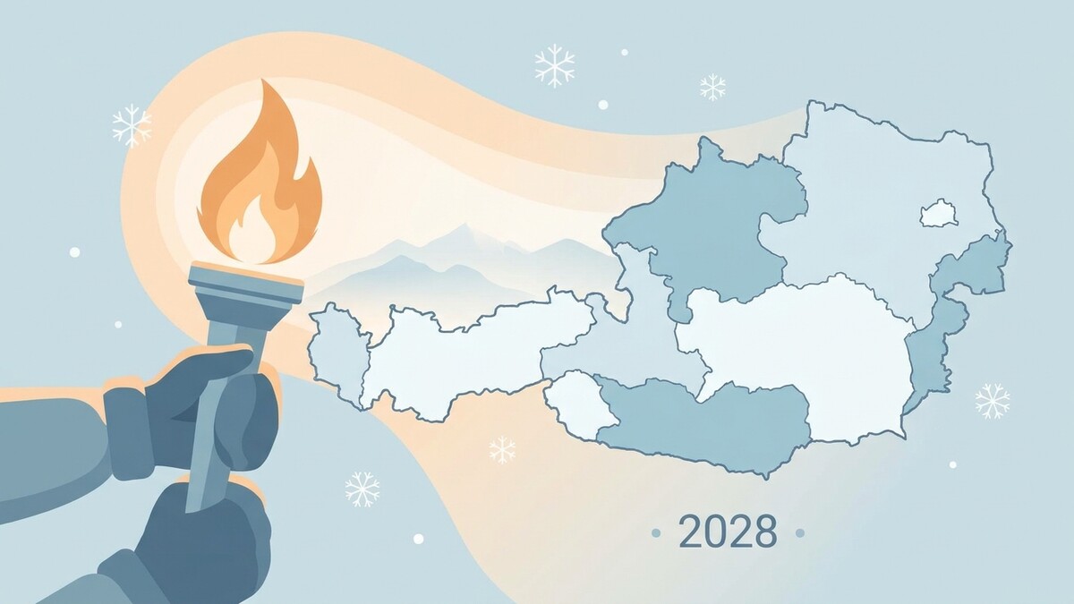 Fackellauf durch Österreich 2028 mit Schneeflocken und Bergkulisse