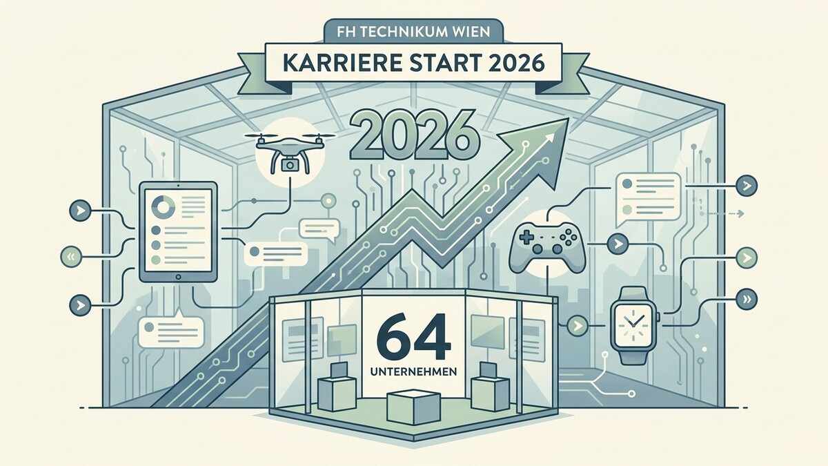 Karriere Start 2026 FH Technikum Wien mit Drohne, Tablet, Gamecontroller und Smartwatch