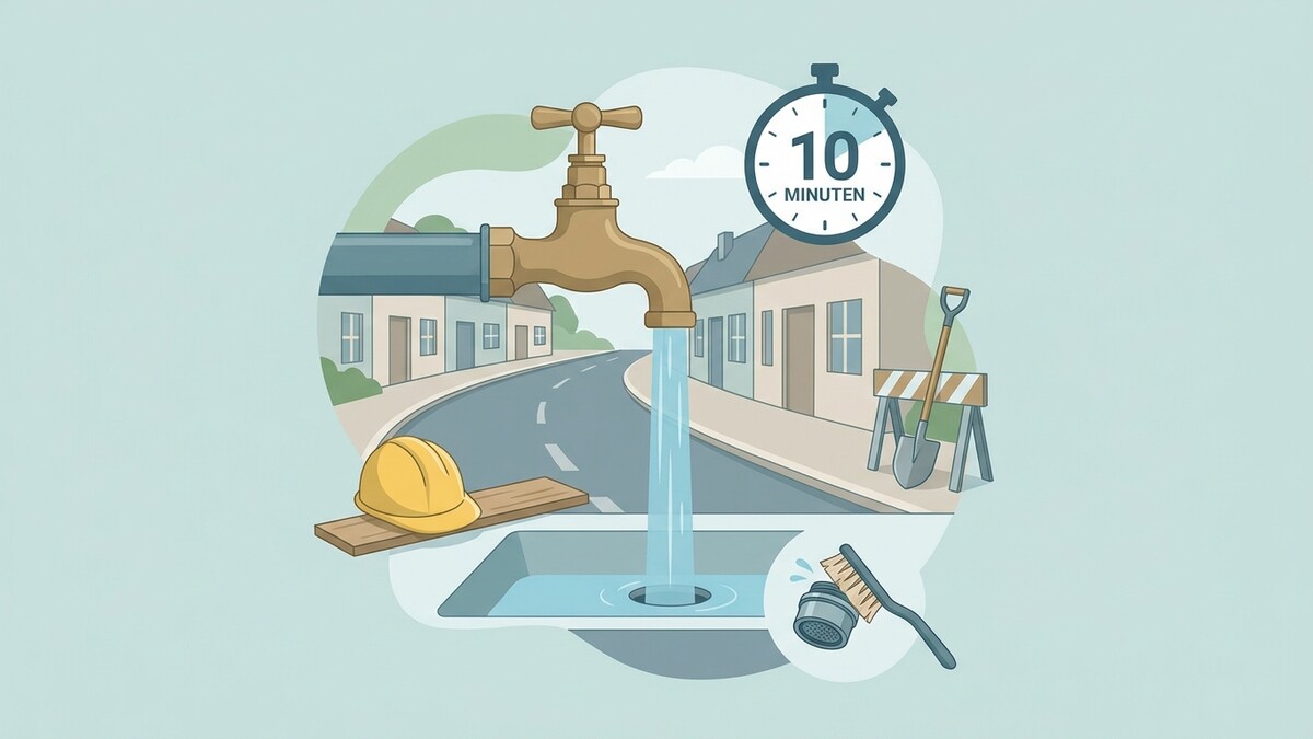 Wasserhahn auf Straße mit Häusern, Baustelle und Stoppuhr 10 Minuten.