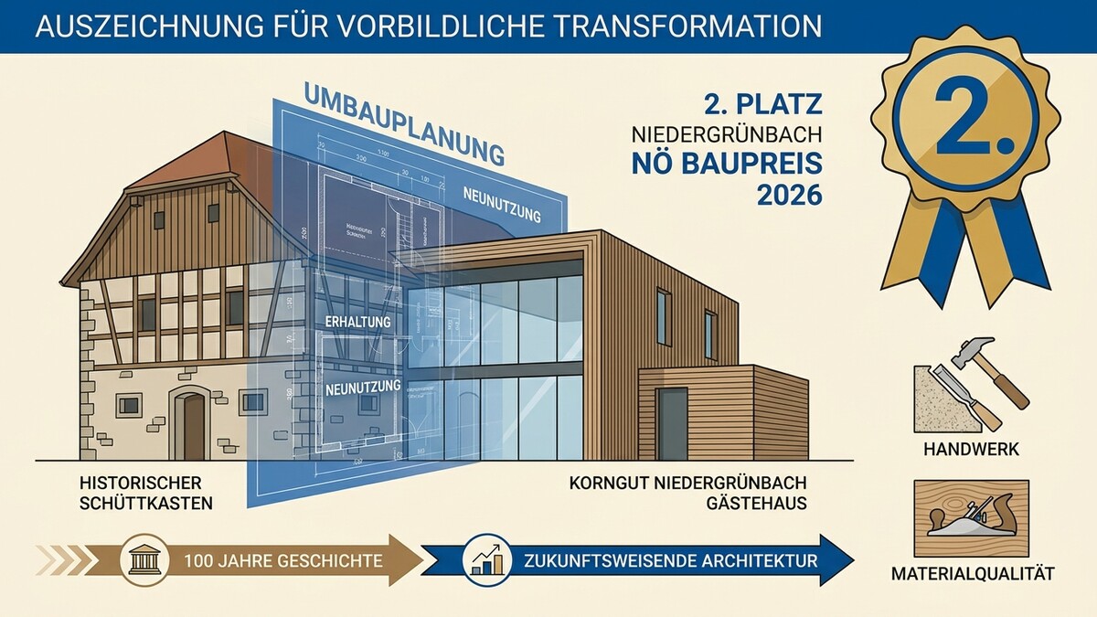 Umbauplanung eines historischen Schüttkastens in Niedergrünbach zum Gästehaus mit Auszeichnung.