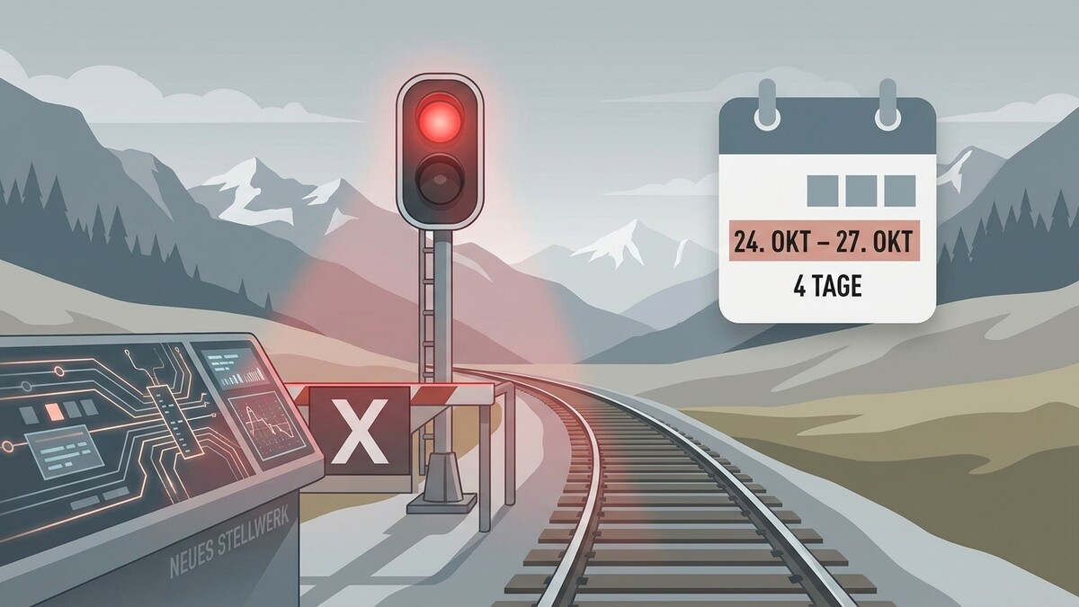 Neues Stellwerk mit Kalender und rotem Signal vor Bergkulisse