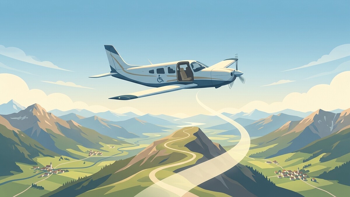 Flugzeug mit Rollstuhl-Symbol fliegt über Alpenlandschaft mit Dörfern