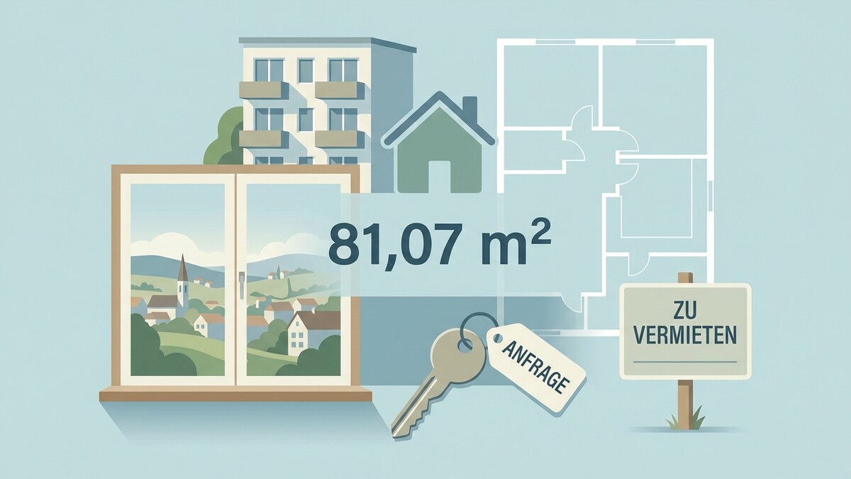 Wohnung 81,07 m² mit Schlüssel und "Zu Vermieten"-Schild vor ländlicher Kulisse