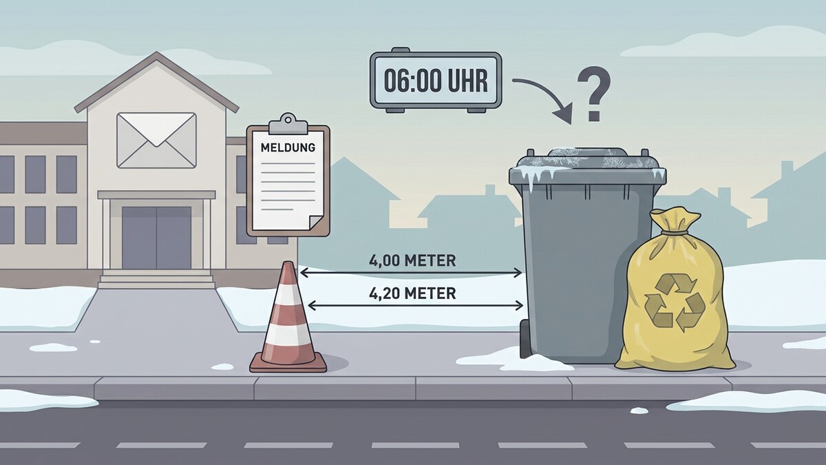 Mülltonnenabstand 4,20 Meter, Warnkegel und Meldung vor Haus bei 6 Uhr.