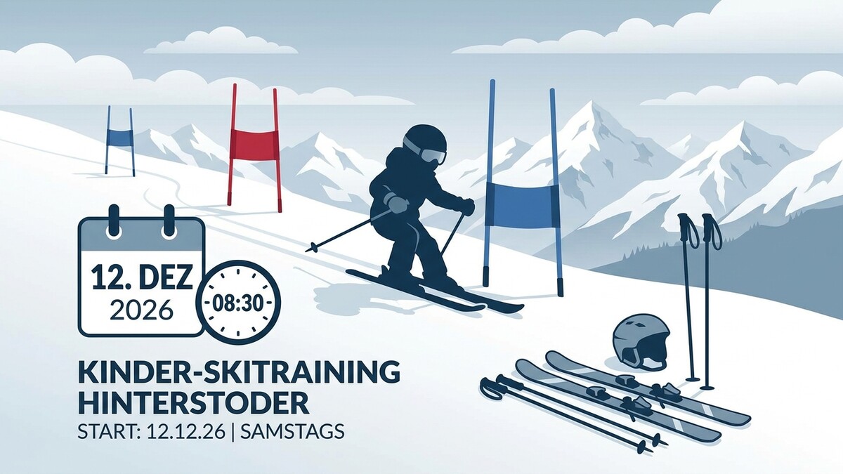Kinder-Skitraining Hinterstoder: Kalender mit 12. Dez 2026, Uhr mit 08:30, Kind fährt Ski im Schnee, Skier, Stöcke und Helm liegen daneben.