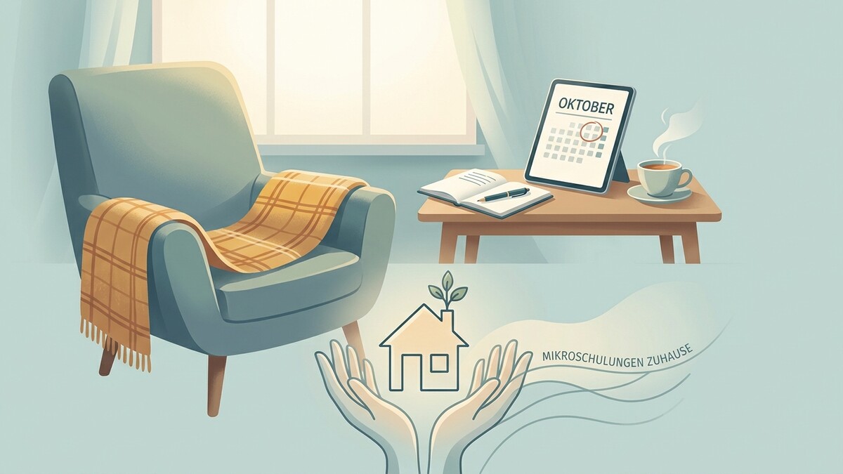Mikroschulungen zuhause: Sessel mit Decke, Tablet mit Kalender, Tasse Kaffee und Haus-Symbol