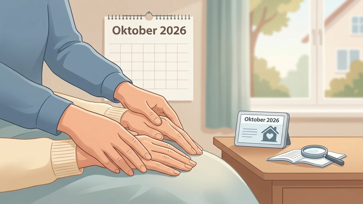 Oktober 2026 Kalender und Tablet mit Haus-Symbol, Hände ruhen auf Decke