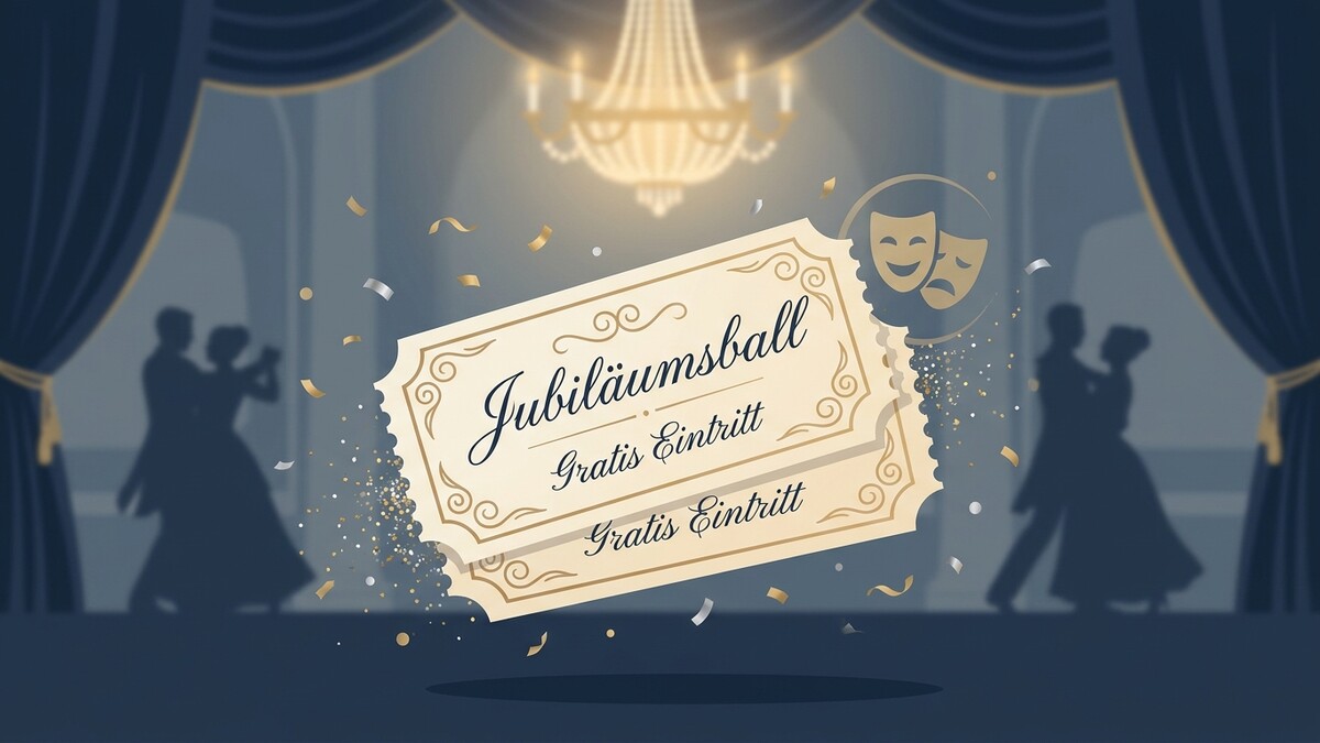 Jubiläumsball Eintrittskarten mit Tanzpaaren und Konfetti vor Theaterkulisse