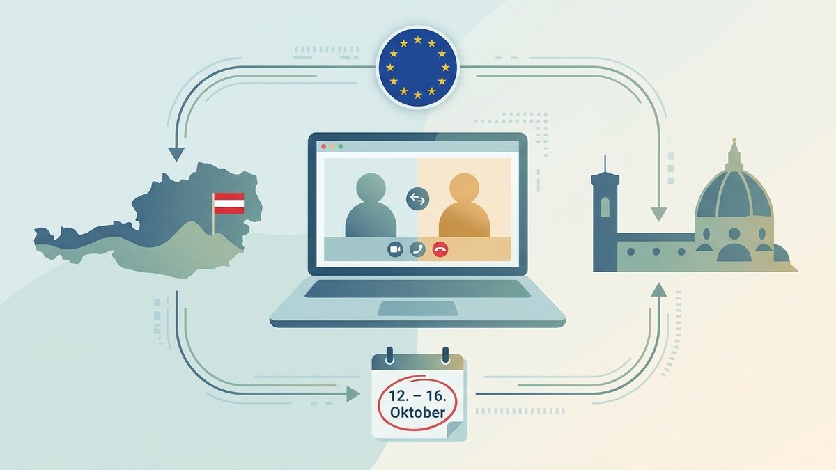 Österreich-Karte mit Flagge, Laptop mit Videokonferenz, EU-Symbol und Gebäude in Florenz