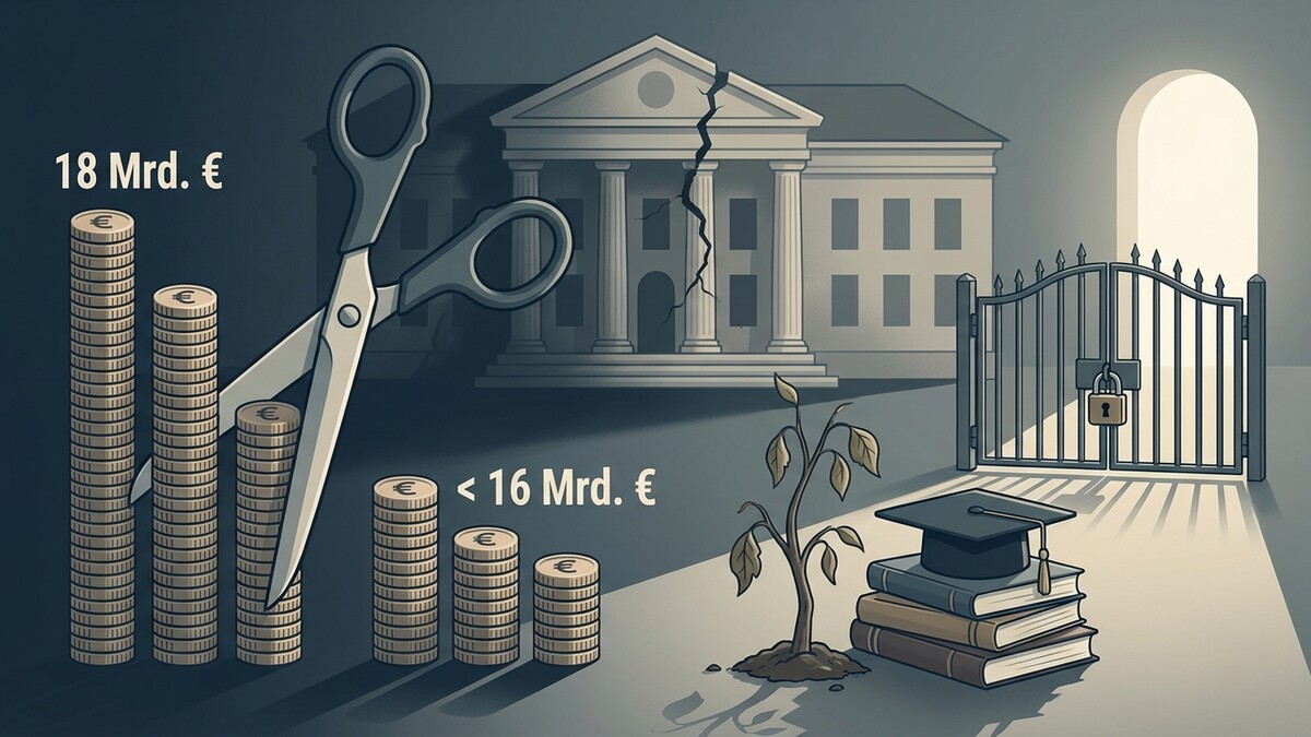 Geldmengen-Symbolbild mit Schere, Riss im Gebäude, Büchern und Tor