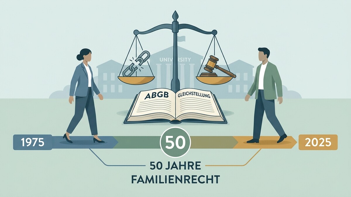 50 Jahre Familienrecht: Waage mit zerbrochener Kette und Hammer über ABGB und Gleichstellung