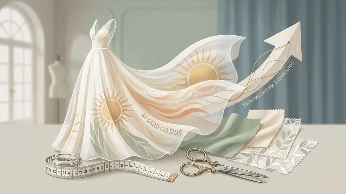 Kleid mit Sonnensymbolen und Aufwärtspfeil, Stoffproben, Schere und Maßband