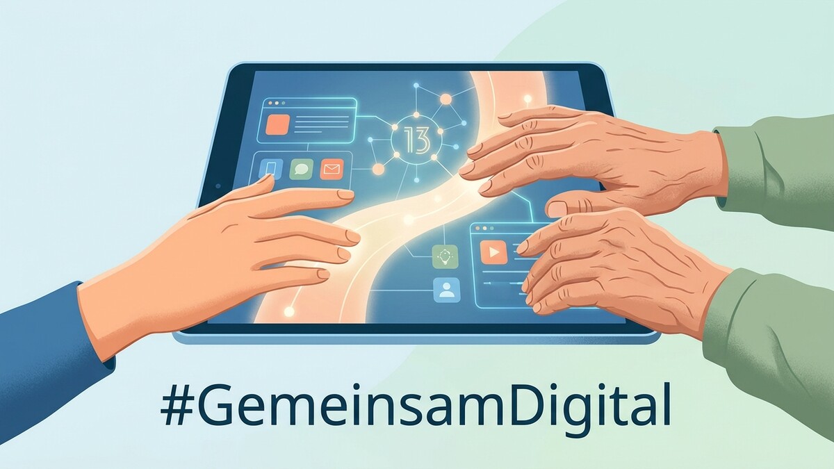 Hände berühren Tablet-Bildschirm mit #GemeinsamDigital Hashtag