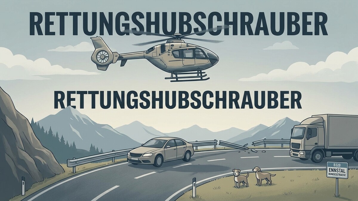 Rettungshubschrauber über Unfallstelle mit Auto und LKW auf der B320 Ennstal Bundesstraße