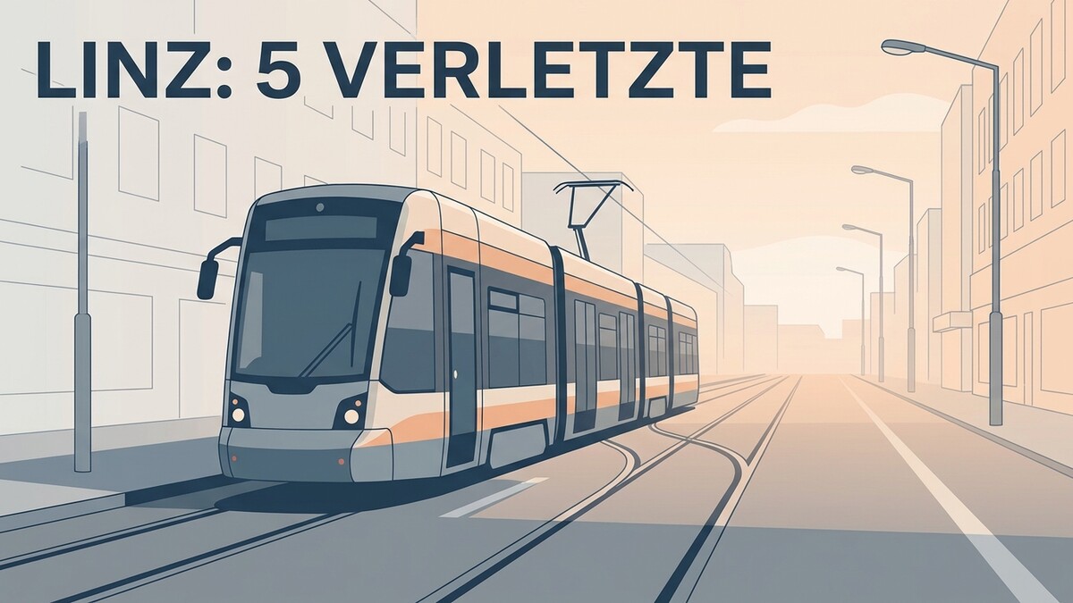 Linz: Straßenbahn fährt auf Gleisen in der Stadt