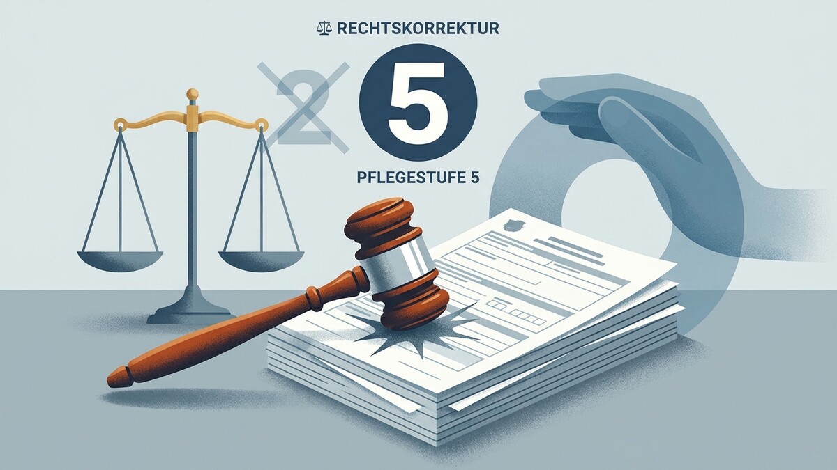 Pflegestufe 5: Waage, Gesetzhammer und Aktenstapel symbolisieren Rechtskorrektur.