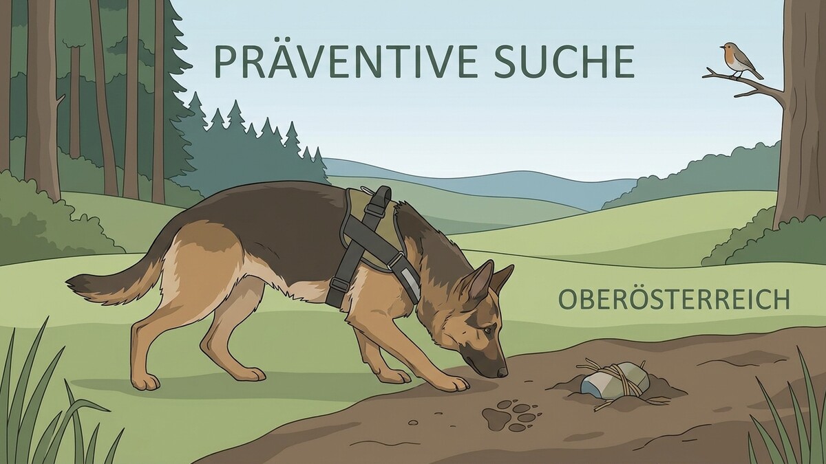 Schäferhund mit Geschirr sucht in Oberösterreich nach einem Stein mit Schnur