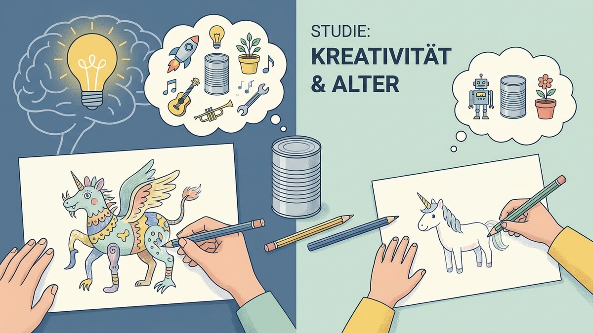 Studie: Kreativität & Alter – Hände zeichnen Einhörner, Gehirn mit Glühbirne.