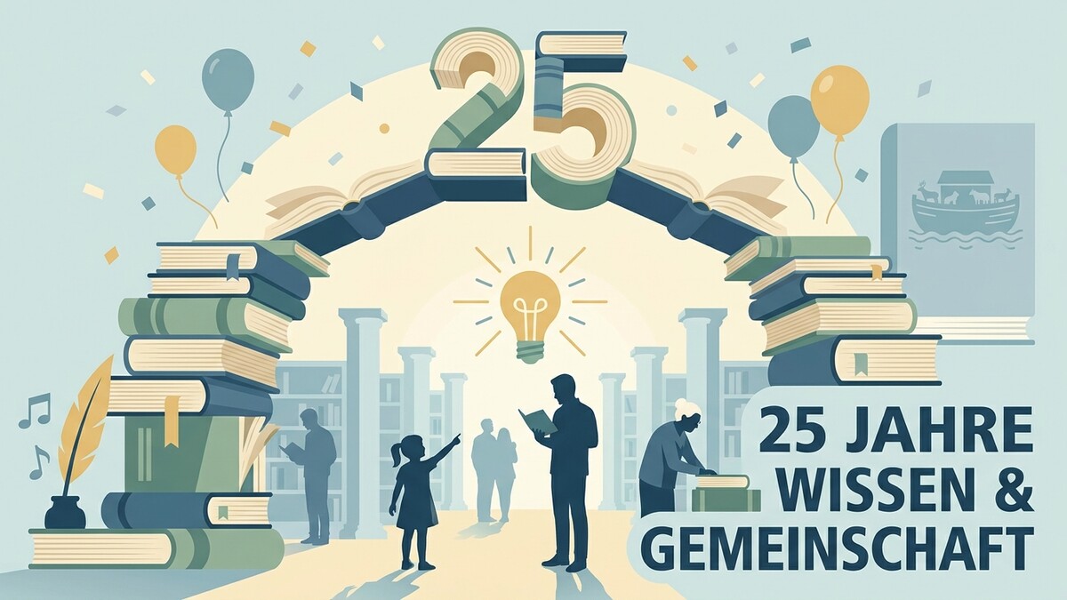 25 Jahre Wissen & Gemeinschaft: Bücher, Ballone, Glühbirne und Menschen in Bibliothek