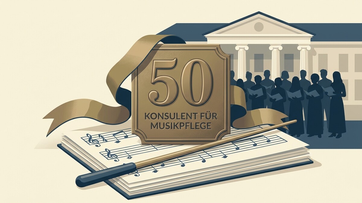 50 Jahre Konsulent für Musikpflege: Notenblatt, Taktstock und Chor vor Gebäude