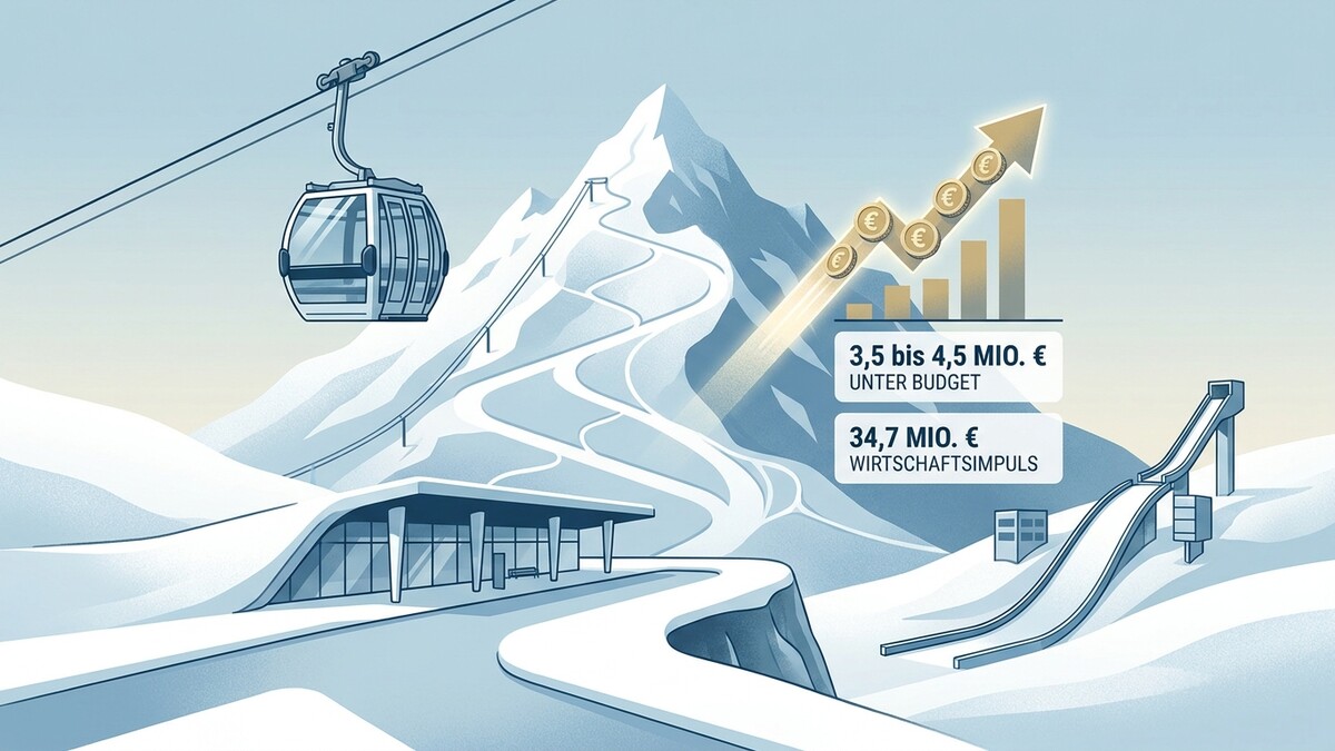 Skigebiet mit Seilbahn, Sprungschanze und Wirtschaftswachstumsgrafik mit Euro-Symbolen