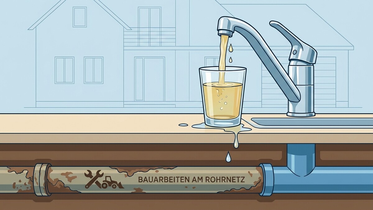 Bauarbeiten am Rohrnetz: trübes Wasser aus dem Wasserhahn in ein Glas, darunter ein beschädigtes Rohr