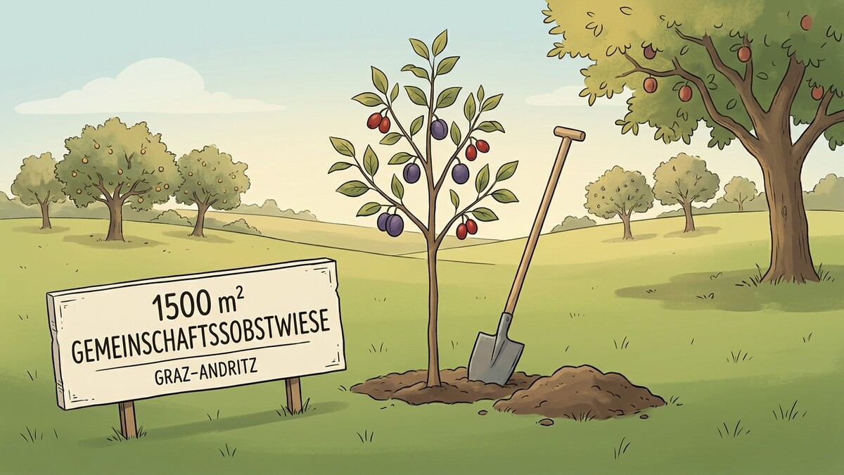 Gemeinschaftsobstwiese 1500 m² in Graz-Andritz mit jungem Obstbaum und Schaufel