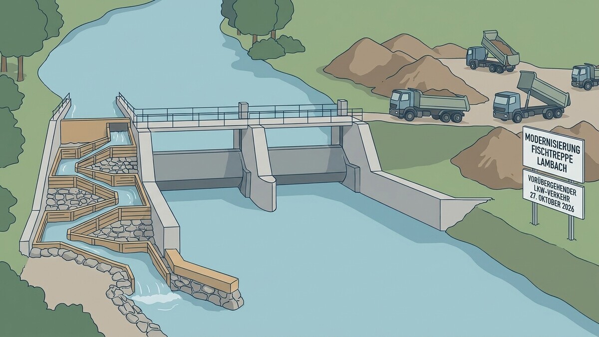 Fischtreppe Lambach: Modernisierung mit LKW-Verkehr, Baustellenschild mit Datum